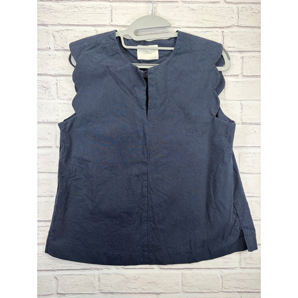 All:Row Navy Blue Sleeveless Keyhole Blouse Women's Medium Linen-Cotton Blend